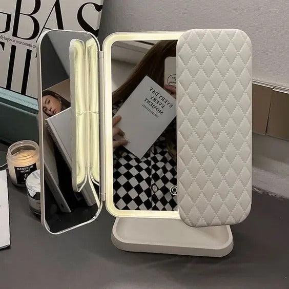 LED Makeup Mirror – 360° Rotating with Storage Space