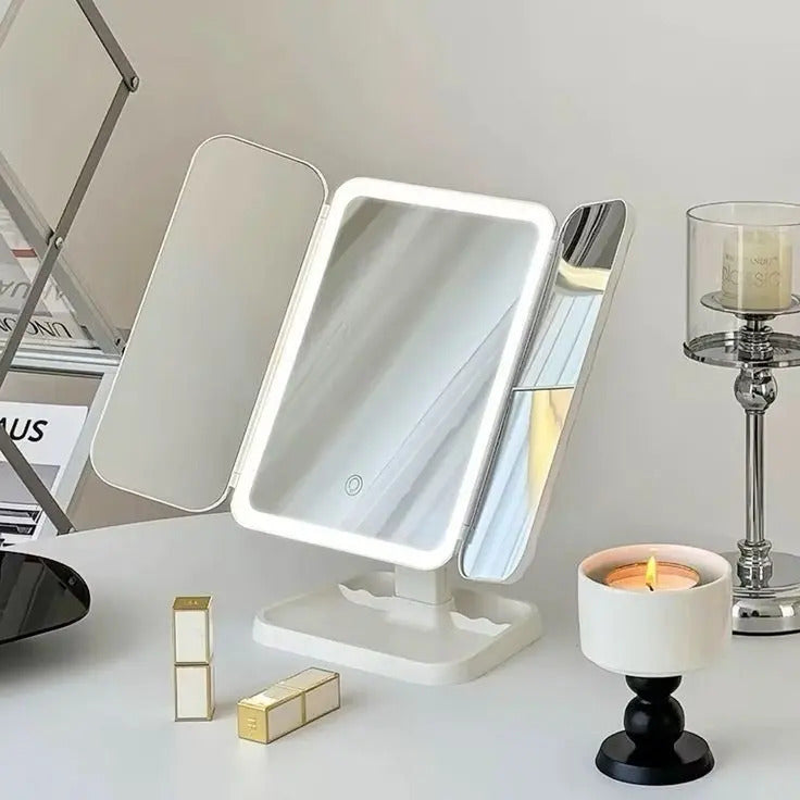 LED Makeup Mirror – 360° Rotating with Storage Space