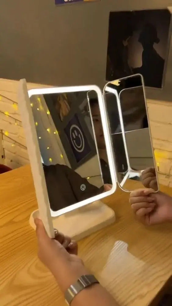 LED Makeup Mirror – 360° Rotating with Storage Space