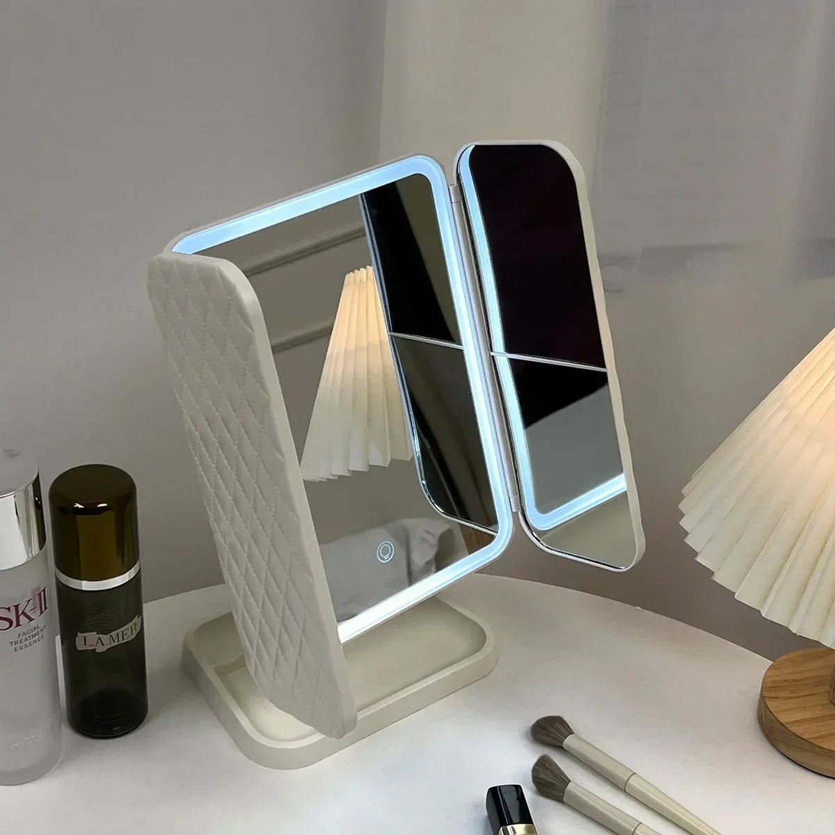 LED Makeup Mirror – 360° Rotating with Storage Space