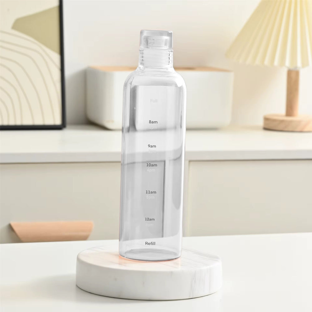 Unique Borosilicate Glass Water Bottle with Time Marker